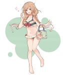  1girl bag bangs barefoot bikini blush braid breasts cleavage cloud_hair_ornament frilled_bikini frills full_body gradient_hair hair_ornament heart kantai_collection large_breasts light_brown_hair long_hair long_sleeves minegumo_(kantai_collection) multicolored_hair open_mouth red_eyes shakemi_(sake_mgmgmg) simple_background solo swimsuit twin_braids two-tone_background 