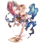  1girl :d amira_(shingeki_no_bahamut) bangs bare_shoulders barefoot belt bikini blonde_hair blush braid breasts cleavage collarbone crown_braid feet flower granblue_fantasy grey_shorts hair_flower hair_ornament holding innertube large_breasts leg_up long_hair looking_at_viewer navel open_mouth purple_eyes red_bikini sandal_removed sandals shorts smile solo standing swimsuit thighs transparent_background twintails wrist_cuffs 