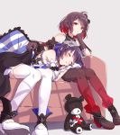  2girls ahoge arm_cuffs bare_shoulders black_gloves black_hair blanket blue_hair blush chain chin_rest closed_eyes commentary couch covering_with_blanket gloves hair_ornament highres honkai_(series) honkai_impact_3rd indoors keyhole lap_pillow lying multicolored_hair multiple_girls nasubi_(1ra1ri1ko2cho1mi2na) on_couch on_side pillow red_eyes red_hair red_legwear seele_(alter_ego) seele_vollerei seele_vollerei_(stygian_nymph) shoes short_hair sleeping sleeping_on_person striped_pillow stuffed_animal stuffed_toy teddy_bear thighhighs two-tone_hair white_gloves white_legwear window_shade 
