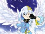  1girl amane_kanata angel_wings blue_eyes blue_hair colored_inner_hair fingerless_gloves gloves gradient gradient_wings halo hololive karakure_(kamo-nanban) looking_at_viewer multicolored multicolored_hair multicolored_wings short_hair shuriken silver_hair smile solo streaked_hair turtleneck_dress virtual_youtuber wings 