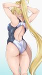  1girl alp arms_behind_head arms_up ass back back_cutout black-framed_eyewear black_hairband blonde_hair breasts commentary_request competition_swimsuit cowboy_shot fate/grand_order fate_(series) from_behind glasses hairband highres jeanne_d&#039;arc_(fate)_(all) jeanne_d&#039;arc_(swimsuit_archer) legs_together long_hair medium_breasts neck one-piece_swimsuit ponytail shiny shiny_hair shiny_skin shoulder_blades solo standing swimsuit thighs very_long_hair wet wet_clothes wet_hair wet_swimsuit white_swimsuit 