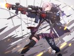  1girl action ar-15 assault_rifle asymmetrical_legwear black_legwear commentary_request dual_wielding firing girls_frontline gloves gun highres holding jacket kuro_kosyou long_hair mod3_(girls_frontline) open_clothes open_jacket pink_eyes pink_hair ponytail red_gloves rifle scope solo st_ar-15_(girls_frontline) thigh_strap thighhighs weapon 