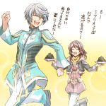  1boy 1girl :d blue_jacket brown_hair closed_eyes facing_viewer hair_ornament holding holding_plate jacket long_hair long_sleeves mikleo_(tales) mishiro_(andante) open_clothes open_jacket open_mouth pants plate rose_(tales) running shiny shiny_hair silver_hair sketch smile tales_of_(series) tales_of_zestiria translation_request white_background white_pants yellow_background 