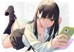  1girl black_hair black_legwear boku_no_kokoro_no_yabai_yatsu cellphone commentary_request holding holding_phone kneehighs long_hair phone poligon_(046) school_uniform skirt smartphone socks yamada_anna yellow_eyes 