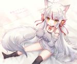  1girl :&lt; ahoge animal_ear_fluff animal_ears artist_name bangs bare_shoulders bed_sheet bell bell_choker black_camisole black_choker black_legwear blush brown_eyes camisole choker commentary_request fox_ears fox_girl fox_tail grey_shirt hair_bell hair_ornament hair_ribbon highres jingle_bell kamiko_kana kamiko_kana_channel long_hair long_sleeves looking_at_viewer multicolored_hair no_shoes off_shoulder parted_bangs red_hair red_ribbon ribbon rukako shirt signature silver_hair sitting sleeves_past_fingers sleeves_past_wrists solo strap_slip streaked_hair tail thank_you thighhighs thighhighs_pull translation_request triangle_mouth very_long_hair virtual_youtuber 