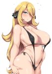  1girl :o areola_slip areolae bangs bare_shoulders bikini black_bikini blonde_hair blush breasts collarbone covered_nipples curvy grey_eyes hair_ornament hair_over_one_eye hand_on_own_thigh highres huge_breasts light_blush long_hair looking_at_viewer moisture_(chichi) navel open_mouth parted_lips pokemon pokemon_(game) pokemon_dppt revision shiny shiny_skin shirona_(pokemon) side-tie_bikini sideboob sidelocks simple_background skindentation slingshot_swimsuit standing swept_bangs swimsuit underboob very_long_hair wavy_hair white_background 