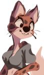  2020 anthro black_nose breasts brown_body brown_fur clothed clothing felid female fur half-length_portrait hi_res mammal midriff portrait simple_background solo spots spotted_body spotted_fur tohupo whiskers white_background 