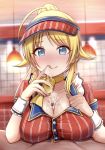  1boy 1girl ahoge blonde_hair blue_eyes blush breasts cleavage cum cum_on_body cum_on_breasts cum_on_upper_body eyebrows_visible_through_hair facial finger_licking full-face_blush hachimiya_meguru hat highres idolmaster idolmaster_shiny_colors kata2yama large_breasts licking low_twintails paizuri paizuri_under_clothes penis ponytail twintails uniform 