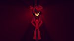  16:9 4k absurd_res alastor_(hazbin_hotel) antlers black_hair bow_tie clothing demon eyewear hair hands_behind_back hi_res horn humanoid looking_at_viewer male monocle pinstripes red_eyes red_hair red_suit senthaurekmern simple_background smile smiling_at_viewer solo standing suit vivzmind widescreen 