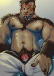  2020 abs absurd_res anthro biceps blue_eyes bodypaint bottomwear brown_body brown_fur bulge chest_fur claws clothed clothing erection face_paint facial_hair fangs felid feline final_fantasy final_fantasy_xiv fur genitals green_eyes hair heterochromia hi_res hrothgar lionkinen low-angle_view male mammal muscular muscular_male navel nipples pants pecs penis portrait pubes solo square_enix teeth three-quarter_portrait triceps undressing vein veiny_penis video_games 