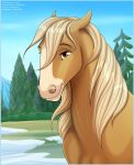  brown_eyes bust_portrait clear_sky ears_back equid equine esperanza_(cimarron) female forest grass hi_res horse jenery mammal mountain outside pine_tree pivoted_ears portrait smile snow solo spirit:_stallion_of_the_cimarron text tree url 