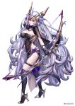  arrow_(projectile) bangs black_gloves bow_(weapon) breasts cleavage covered_navel gloves headgear high_heels highres large_breasts long_hair looking_at_viewer official_art pride_of_eden profile purple_hair red_eyes remana side_slit thigh_strap very_long_hair weapon white_background 
