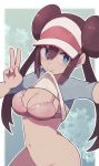  1girl blue_eyes bottomless bow bra breasts brown_hair double_bun hat highres lamb-oic029 long_hair looking_at_viewer mei_(pokemon) mouth_hold navel no_panties pink_bow pokemon pokemon_(game) pokemon_bw2 raglan_sleeves self_shot shirt_lift simple_background solo twintails underwear v very_long_hair visor_cap 
