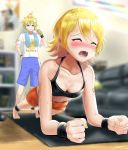  1boy 1girl absurdres air_conditioner ankleband banana banana_print blonde_hair blurry blurry_background blush clenched_hands closed_eyes commentary couch eating exercise food foreshortening fruit furrowed_eyebrows highres indoors itogari kagamine_len kagamine_rin mat nail_polish open_mouth orange_shorts planking shelf shirt short_hair shorts shoulder_tattoo spiked_hair sports_bra standing sweat t-shirt tattoo towel vocaloid wristband yellow_nails 