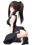  1girl artist_name ass black_hair black_panties blush breasts brown_eyes covered_nipples dated eyebrows_visible_through_hair full_body girls_und_panzer highres kneeling kuzuryuu_kennosuke large_breasts long_hair looking_at_viewer looking_to_the_side nishizumi_shiho panties parted_lips ponytail shiny shiny_hair simple_background solo sweat teeth underwear white_background 