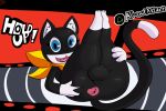  3:2 3_toes 4_fingers anthro anus atlus balls bandanna big_butt black_balls black_body black_fur blue_eyes butt butt_grab dipstick_tail domestic_cat english_text felid feline felis fingers fur gameplay_mechanics genitals hand_on_butt huge_butt inner_ear_fluff leg_grab legs_up looking_at_viewer lying male mammal megami_tensei megami_tensei_persona morgana_(persona) multicolored_tail not_safe_for_reality on_back open_mouth pink_anus presenting presenting_anus solo text thick_thighs thigh_grab toes tuft video_games white_body white_fur yellow_bandanna 