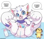  anthro baby_bottle bed bell blush canid canine diaper feet female fox furniture hi_res looking_at_viewer lying mammal multi_tail pacifier pawpads plushie ribbons ruugiaruu smile solo tail_hand 