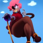  absurd_res cane clothing clown crossed_legs dress freckles hi_res humanoid leggings legwear long_arms mrs.mayhem red_clothing red_dress sitting solo thick_thighs vimhomeless yellow_teeth 