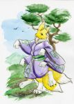  anthro asian_clothing cervelet clothing digimon digimon_(species) east_asian_clothing female grass hi_res japanese_clothing kimono multi_arm multi_leg multi_limb multi_tail outside renamon solo tree walking 