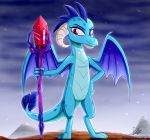  2020 bloodstone_scepter blue_body blue_skin cloud dragon female friendship_is_magic hasbro hi_res mountain my_little_pony princess_ember_(mlp) scenery sky smile solo star the-butcher-x 
