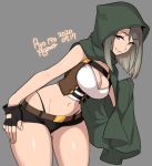  1girl agawa_ryou artist_name bangs belt black_shorts breasts brown_belt cleavage cloak closed_mouth crop_top eyebrows_visible_through_hair fingerless_gloves gloves green_cloak green_hood grey_background large_breasts leaning_forward medium_hair midriff navel original short_shorts shorts silver_hair smile stomach thighs 