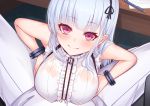  1boy 1girl azur_lane bare_shoulders blush breast_hold breasts dido_(azur_lane) earrings eyebrows_visible_through_hair frilled_hairband frills from_above hairband jewelry large_breasts paizuri pants pink_eyes see-through underboob_cutout wet wet_clothes white_hair white_pants yoshiheihe 