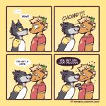  ! 1:1 absurd_res anthro biped bite blush bodily_fluids canid canine canis cipher_(character) clothed clothing comic dialogue duo english_text eyebrows flunky flunky_(character) fox fur grey_body grey_fur hair hi_res licking male male/male mammal multicolored_body multicolored_fur open_mouth orange_body orange_fur simple_background speech_bubble standing sweat teeth text tongue tongue_out two_tone_body two_tone_fur url white_body white_fur wolf 