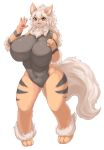  3_toes 4_fingers absurd_res ankle_tuft anthro anthrofied arcanine arm_tuft big_breasts black_body black_fur black_stripes breasts brown_eyes canid canine chest_tuft curvaceous curvy_figure cute_fangs digitigrade elbow_tufts featureless_breasts female fingers fluffy fluffy_hair fluffy_tail fur hair happy hi_res huge_breasts inake kemono leg_tuft looking_at_viewer mammal monotone_hair multicolored_body multicolored_fur navel nintendo nude open_mouth open_smile orange_body orange_fur paw_pose pawpads paws pink_pawpads pok&eacute;mon pok&eacute;mon_(species) pok&eacute;morph pose simple_background smile solo standing stripes tan_body tan_fur toes tongue tongue_out tuft video_games voluptuous white_background white_hair wide_hips 