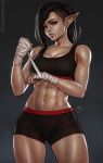  1girl abs artist_name bandages bare_shoulders black_background black_hair breasts ear_piercing elf green_eyes highres large_breasts long_hair muscle navel original piercing pink_lips pointy_ears sciamano240 shorts signature sports_bra sweat watermark 