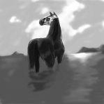  ambiguous_gender bridle cloud equid equine feral glistening glistening_body glistening_skin greyscale hi_res hood horse mammal monochrome mountain rubber ryxinel shiny_(disambiguation) sky solo water 