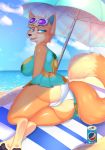  2020 animal_crossing animal_ear_fluff anthro audie_(animal_crossing) beach beach_towel beach_umbrella beverage_can big_breasts big_butt black_nose blonde_hair blue_clothing blue_dress blue_eyes breasts butt camel_toe canid canine canis cheek_tuft clothed clothing cloud countershade_butt countershade_face countershading creaturecola crossed_feet day digital_drawing_(artwork) digital_media_(artwork) dress eyebrow_through_hair eyebrows eyelashes eyewear eyewear_on_head facial_tuft fangs female food fruit full-length_portrait fur glistening glistening_body glistening_skin hair happy hi_res inner_ear_fluff lens_flare light long_tail looking_back mammal multicolored_body multicolored_fur multicolored_tail nintendo open_mouth open_smile orange_body orange_fur orange_skin outside panties pattern pattern_clothing pattern_dress pawpads pepsi pineapple pineapple_pattern plant portrait sea seaside shaded short_hair side_boob sky smile solo sunglasses sunglasses_on_head sunlight thick_thighs towel translucent translucent_hair tuft two_tone_body two_tone_fur two_tone_tail underwear video_games water white_clothing white_panties white_underwear wolf wolf_tail 