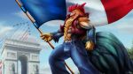  16:9 anthro avian bastille_day beak bird bulge chicken clothed clothing corrsk detailed_background digital_media_(artwork) feathers flag france french french_flag galliform gallus_(genus) hi_res male muscular muscular_anthro muscular_male open_vest outside phasianid solo topwear vest widescreen 