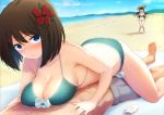  1boy 2girls barefoot beach bikini blue_eyes blue_sky breast_rest breasts brown_hair choukai_(kantai_collection) cleavage cloud collarbone commentary_request day flower green_bikini h_(hhhhhh4649) hair_flower hair_ornament kantai_collection large_breasts looking_at_viewer lotion lying maya_(kantai_collection) multiple_girls on_stomach outdoors short_hair sky sunscreen swimsuit x_hair_ornament 