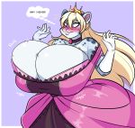  anthro big_breasts blush breasts cleavage clothed clothing crown dress english_text felid female hair hi_res huge_breasts hyper hyper_breasts jwinkz mammal pantherine simple_background snow_leopard solo text 