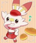  2020 ambiguous_gender anthro clothing doughnut food fur grin hat headgear headwear hi_res looking_at_viewer musical_note nintendo pattern_background pok&eacute;mon pok&eacute;mon_(species) pokemon_cafe_mix red_apron red_clothing red_feet red_hat red_headwear scorbunny simple_background smile solo striped_background teeth video_games wadorigi white_body white_fur 