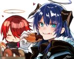 2girls arknights blue_eyes blue_hair doughnut eating exusiai_(arknights) food food_on_face gloves hair_over_one_eye halo highres horns licking_lips mostima_(arknights) multiple_girls nu_(dndnknkn) red_hair signature tongue tongue_out white_background white_gloves 