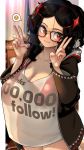  1girl bikini black-framed_eyewear black_hair black_hoodie blush breasts cleavage collarbone curtains double_v followers glasses hair_ornament hairclip highres hood hoodie indoors kashu_(hizake) large_breasts open_clothes open_hoodie original red_bikini red_eyes see-through smile speech_bubble sweat swimsuit thighs v 