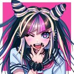  1girl bangs black_hair black_nails black_sailor_collar black_scrunchie blue_hair blunt_bangs blush border danganronpa_(series) danganronpa_2:_goodbye_despair ear_piercing esu_(tasoesu) grey_shirt hair_cones hair_horns highres long_hair looking_at_viewer mioda_ibuki multicolored_hair nail_polish one_eye_closed open_mouth piercing pink_background pink_eyes pink_hair sailor_collar school_uniform scrunchie shiny shiny_hair shirt short_sleeves smile solo teeth tongue tongue_out upper_teeth v v_over_mouth white_border white_hair wrist_scrunchie 