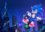  2020 anthro building city clothing detailed_background electricity eulipotyphlan footwear fur gloves green_eyes handwear hedgehog male mammal night signature sitting smile solo sonic_the_hedgehog sonic_the_hedgehog_(series) video_games wizaria 