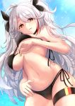  1girl antenna_hair azur_lane bangs bare_shoulders bikini black_bikini black_ribbon blue_sky blush breasts cross cross_earrings earrings hair_ribbon highres honyara-san jewelry large_breasts long_hair looking_at_viewer multicolored_hair navel ocean orange_eyes prinz_eugen_(azur_lane) prinz_eugen_(unfading_smile)_(azur_lane) red_hair ribbon side-tie_bikini silver_hair sky smile streaked_hair swept_bangs swimsuit thigh_strap thighs two_side_up 