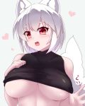  1girl animal_ears bare_shoulders black_shirt blush breasts collarbone fang headwear_removed heart highres inubashiri_momiji large_breasts no_hat no_headwear open_mouth red_eyes shirt short_hair sivamaron sleeveless solo tail touhou underboob upper_body white_background white_hair wolf_ears wolf_tail 