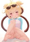  :d ahoge andira_(granblue_fantasy) animal_ears barefoot blonde_hair erune eyewear_on_head granblue_fantasy highres kimblee looking_at_viewer monkey_ears monkey_girl monkey_tail open_mouth red_eyes short_hair smile soles swimsuit tail toes 