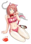  1girl animal_ears ark_royal_(kantai_collection) artist_logo bangs bell bell_choker blue_eyes blunt_bangs bob_cut bow bra cameltoe cat cat_cutout cat_ear_panties cat_ears cat_lingerie cat_tail choker cleavage_cutout commentary_request dated flower frilled_bra frilled_panties frills full_body groin hairband jingle_bell kantai_collection looking_at_viewer meme_attire mokerou navel panties paw_pose pink_bra pink_panties red_bow red_flower red_hair red_rose rose short_hair side-tie_panties silhouette simple_background solo tail thighhighs tiara underwear underwear_only white_background white_legwear 