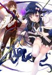  1boy 1girl bangs black_hair blush brown_hair capelet eyebrows_visible_through_hair gloves half_gloves hat holding holding_sword holding_weapon long_hair looking_at_viewer official_art open_mouth pleated_skirt polearm purple_eyes red_eyes short_hair skirt spear sword thighhighs waga_deshi_ga_mottomo_tsuyokute_kawaii_no_dearu weapon white_legwear yano_mitsuki 