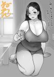  1girl alcohol arm_support bare_shoulders beer beer_can blush breasts can cleavage collarbone commentary_request covered_nipples curtains curvy electric_socket greyscale holding holding_can large_breasts long_hair looking_at_viewer mole mole_under_eye monochrome neone no_bra open_mouth original short_shorts shorts sitting table tank_top thick_thighs thighs translation_request window 