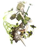  1boy ahoge bag bug butterfly butterfly_net full_body green_eyes green_hair hand_net hood hoodie insect ji_no long_nose looking_at_viewer official_art one_eye_closed pinocchio_(sinoalice) sandals shorts shoulder_bag sinoalice sleeveless solo tongue tongue_out transparent_background upper_teeth 