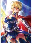  1girl ahoge armored_boots artoria_pendragon_(all) artoria_pendragon_(lancer) bangs bare_shoulders blonde_hair blue_eyes blue_gloves blue_leotard blue_skirt blurry blurry_background blush boots braid breasts cape cleavage covered_navel cowboy_shot crown fate/grand_order fate_(series) faulds french_braid full_body fur-trimmed_cape fur_trim gauntlets gloves greaves hair_between_eyes highres lance large_breasts leotard long_hair looking_at_viewer miniskirt polearm red_cape rhongomyniad sidelocks skirt solo swept_bangs thighhighs underbust weapon yuuki_yuchi 