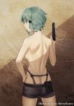  1girl absurdres aqua_eyes aqua_hair artist_name asada_shino ass back backboob berrykanry black_shorts breasts butt_crack chinese_commentary commentary_request from_behind gun hair_ornament hairclip hand_on_hip handgun highres holding holding_gun holding_weapon medium_breasts pistol short_hair short_shorts shorts sidelocks solo sword_art_online topless wall weapon 