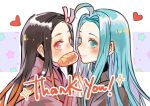  2girls ahoge black_hair blue_eyes blue_hair blue_nails granblue_fantasy hair_intakes hair_ribbon hakamii heart kamado_nezuko kimetsu_no_yaiba long_hair lyria_(granblue_fantasy) multicolored_hair multiple_girls nail_polish orange_hair pink_eyes pink_nails pink_ribbon ribbon shiny shiny_hair sketch straight_hair thank_you two-tone_hair upper_body very_long_hair 