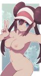  blue_eyes bottomless breasts brown_hair cleavage double_bun highres lamb-oic029 mei_(pokemon) navel nipples nude pokemon self_shot twintails v visor_cap 